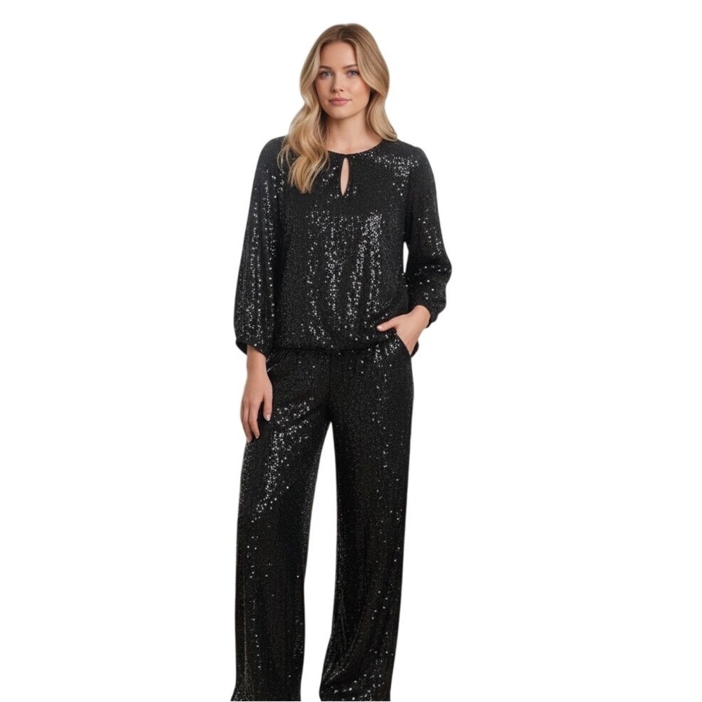 Vince Camuto Twinkle & Glow Sequin Top and Pants Set Rich Black Small NWT